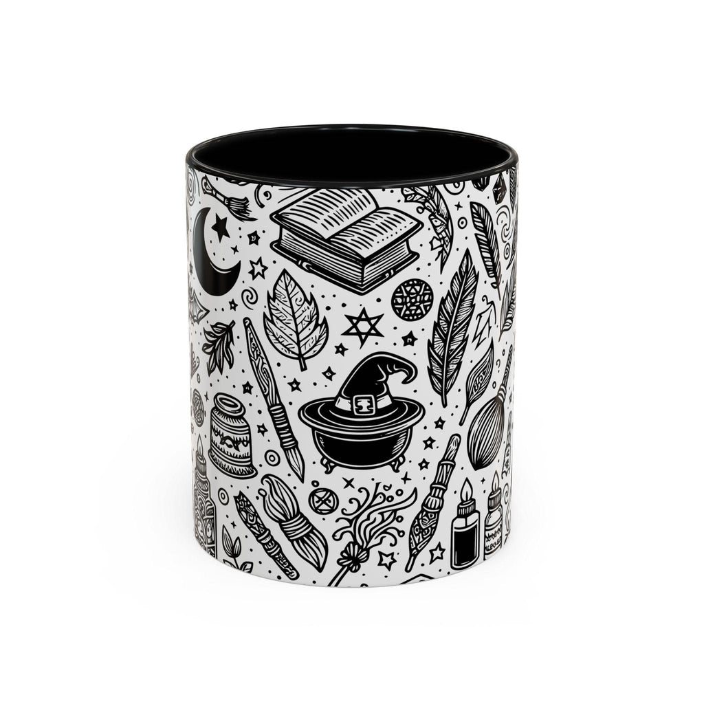 Mystical Themed Accent Coffee Mug, Witchy Mug, Black and White Design, Ideal Gift for Witches, Halloween Decor, Cozy Vibes, Coffee Lovers LTN