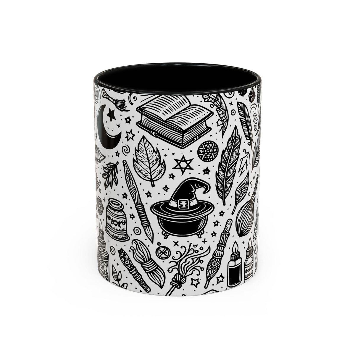 Mystical Themed Accent Coffee Mug, Witchy Mug, Black and White Design, Ideal Gift for Witches, Halloween Decor, Cozy Vibes, Coffee Lovers LTN