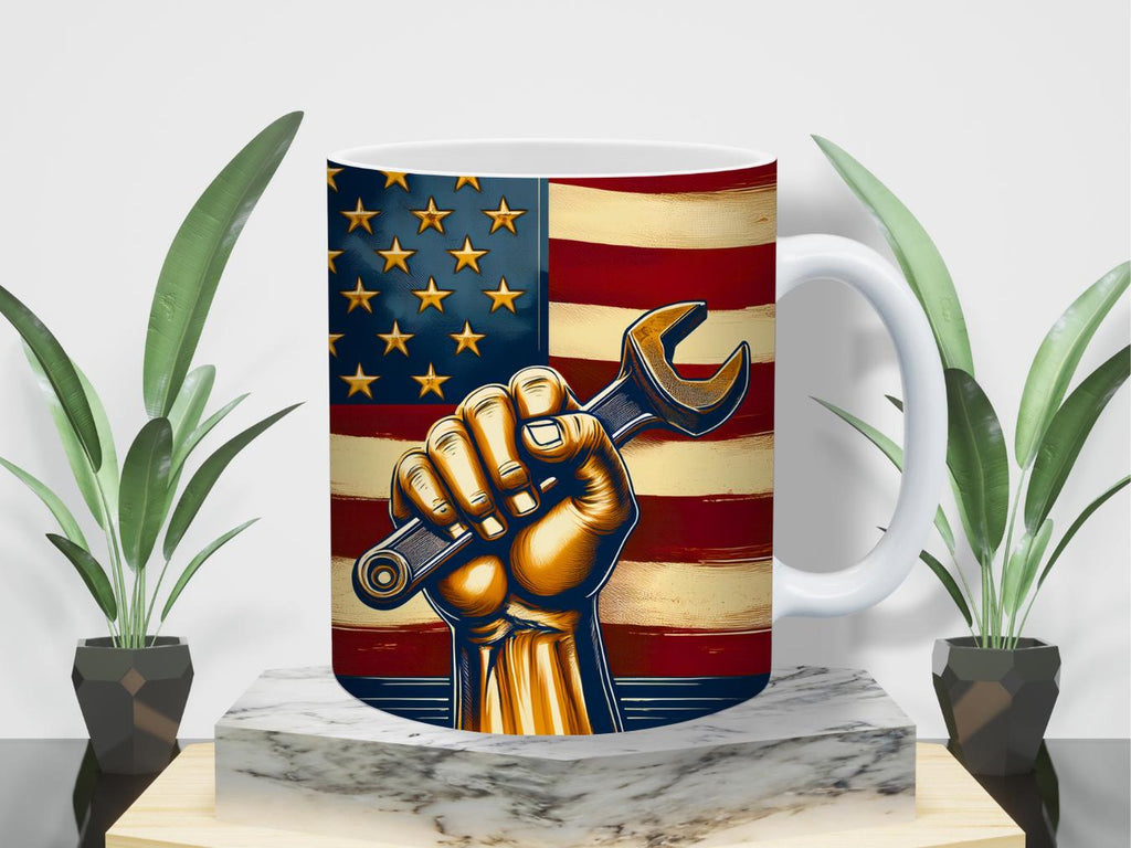 Labor Day Patriotic Mug – 11 oz and 15 oz Sublimation Design with Wrench & Flag LTN