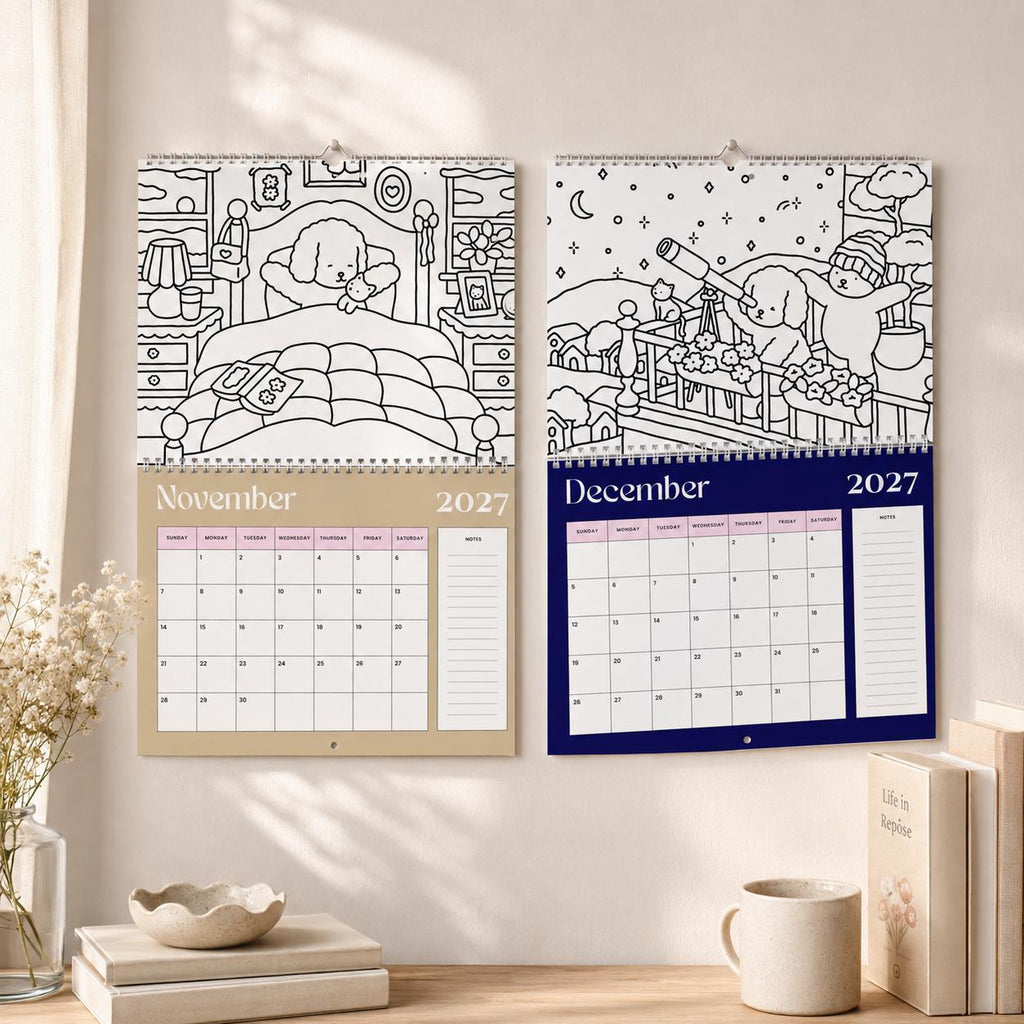 2027 Coloring Book Wall Calendar, Cute Bear Scenes, 11x17 Spiral Monthly Planner