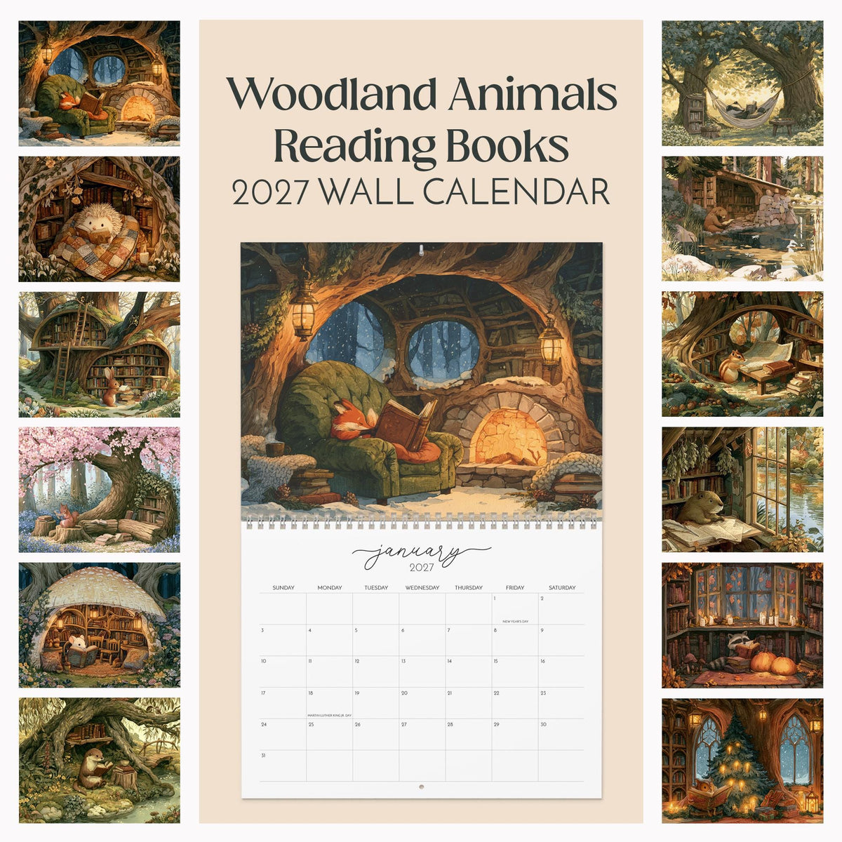 2027 Wall Calendar Woodland Animals Reading Books 12 Month Cozy Cottagecore Forest Library Bookish Art Book Lover Gift