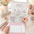 2027 Coloring Book Wall Calendar, Cute Bear Scenes, 11x17 Spiral Monthly Planner