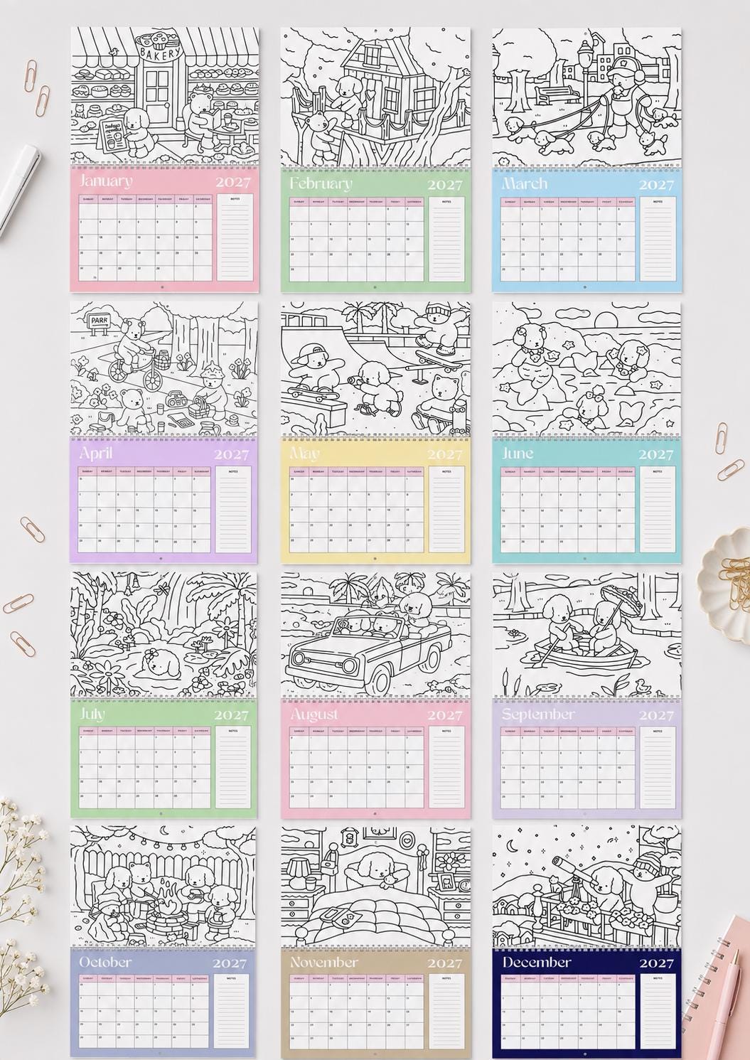 2027 Coloring Book Wall Calendar, Cute Bear Scenes, 11x17 Spiral Monthly Planner