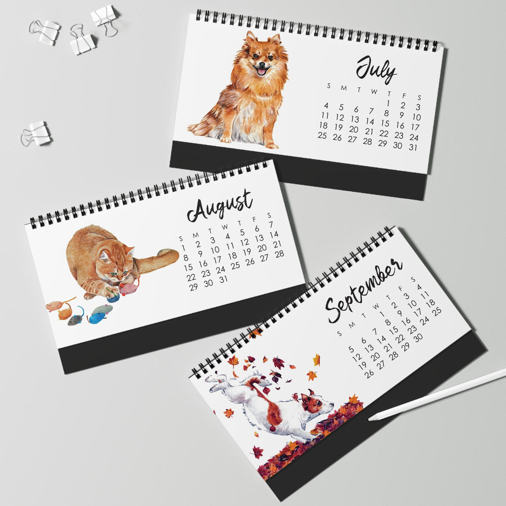 2027 Watercolor Cats & Dogs Desk Calendar | Monthly Pet Desktop Calendar