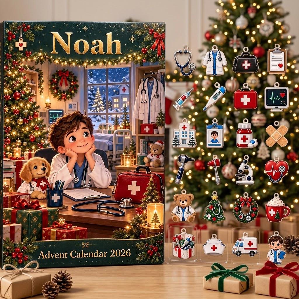 Personalized Doctor Advent Calendar HG, 24 Medical Christmas Charms, Custom Name Future Doctor Gift, Holiday Countdown Box