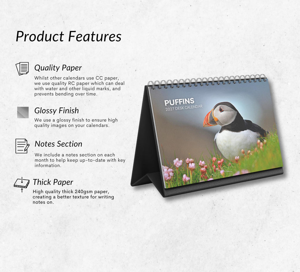 Puffins Desk Calendar 2027-2028: Standing Flip Desktop Calendar with Thick Paper (15.25cm x 22cm - similar to A5)