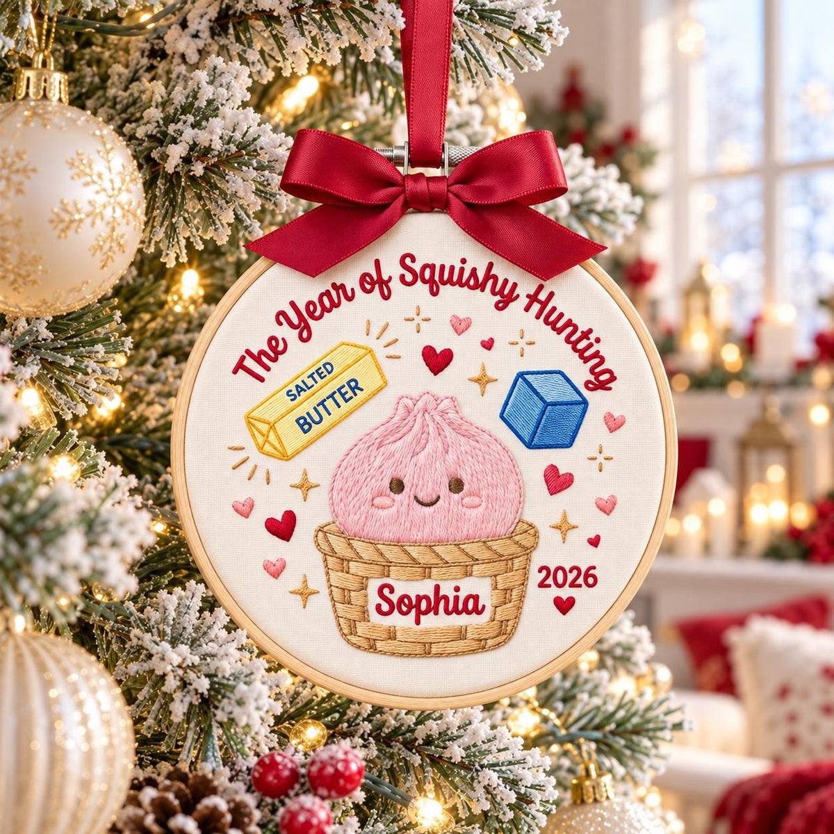 The Year of Squishy Hunting Ornament, Personalized Embroidered Christmas Hoop, Custom Name 2026 Keepsake, Cute Holiday Decor